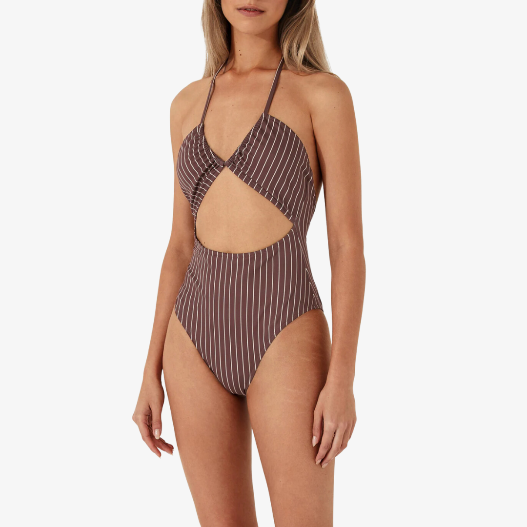 PLUM STRIPE HALTER ONE PIECE