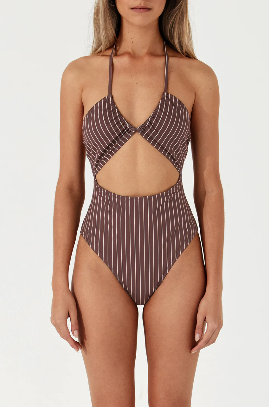 PLUM STRIPE HALTER ONE PIECE