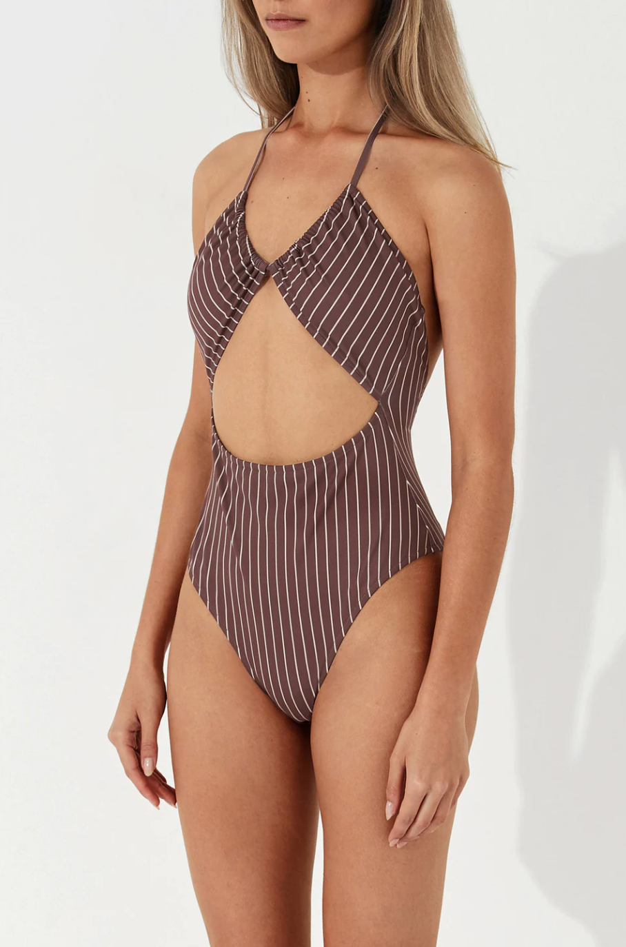 PLUM STRIPE HALTER ONE PIECE