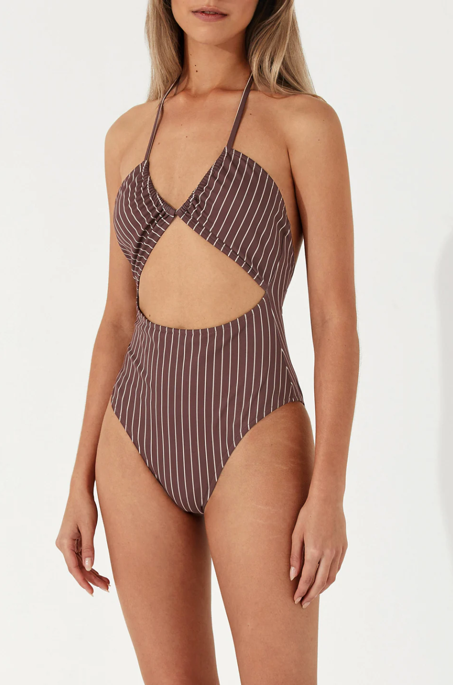 PLUM STRIPE HALTER ONE PIECE